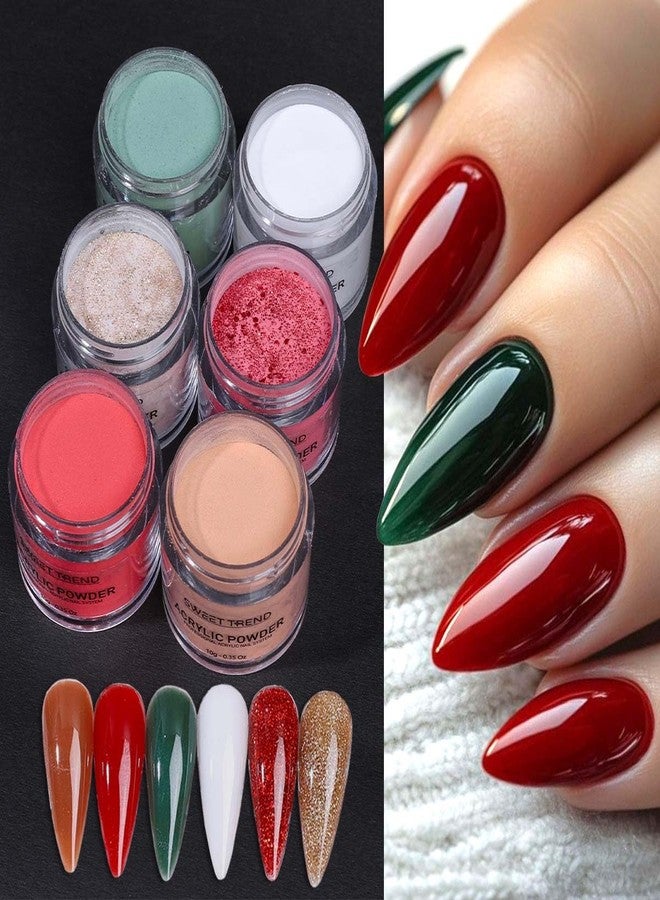 SWEET TREND Christmas Acrylic Nail Powder Set: 6 Colors Acrylic Nail Powder for Nail Extension & Carving - Holiday Red Green White Glitter Nail Art DIY Kit - Easy at Home Salon - Perfect Gift for Women - Image 2